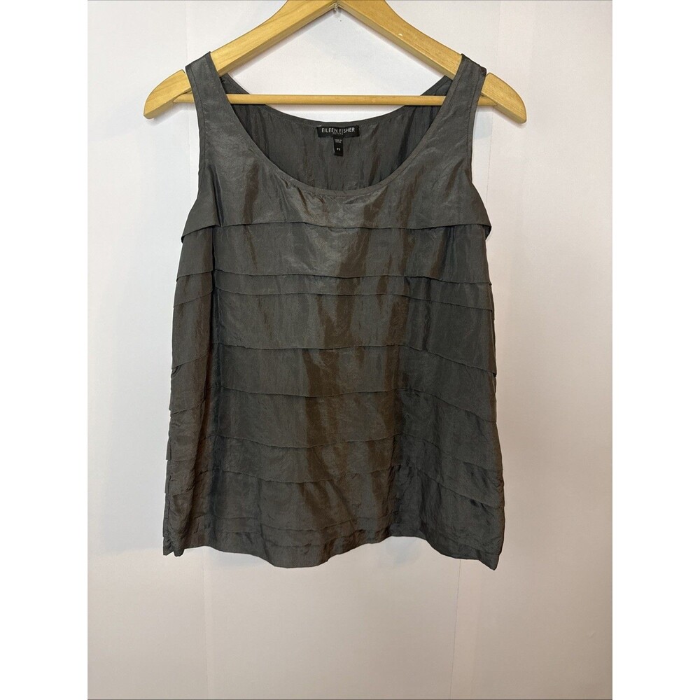 Eileen Fisher Womens Silk Tiered Ruffle Sleeveless Top Petite Small Minimalist‎